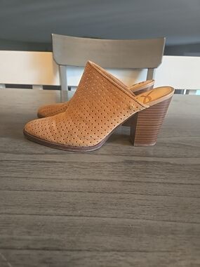 Sam Edelman Tan Perforated Suede Block Heel Mules
